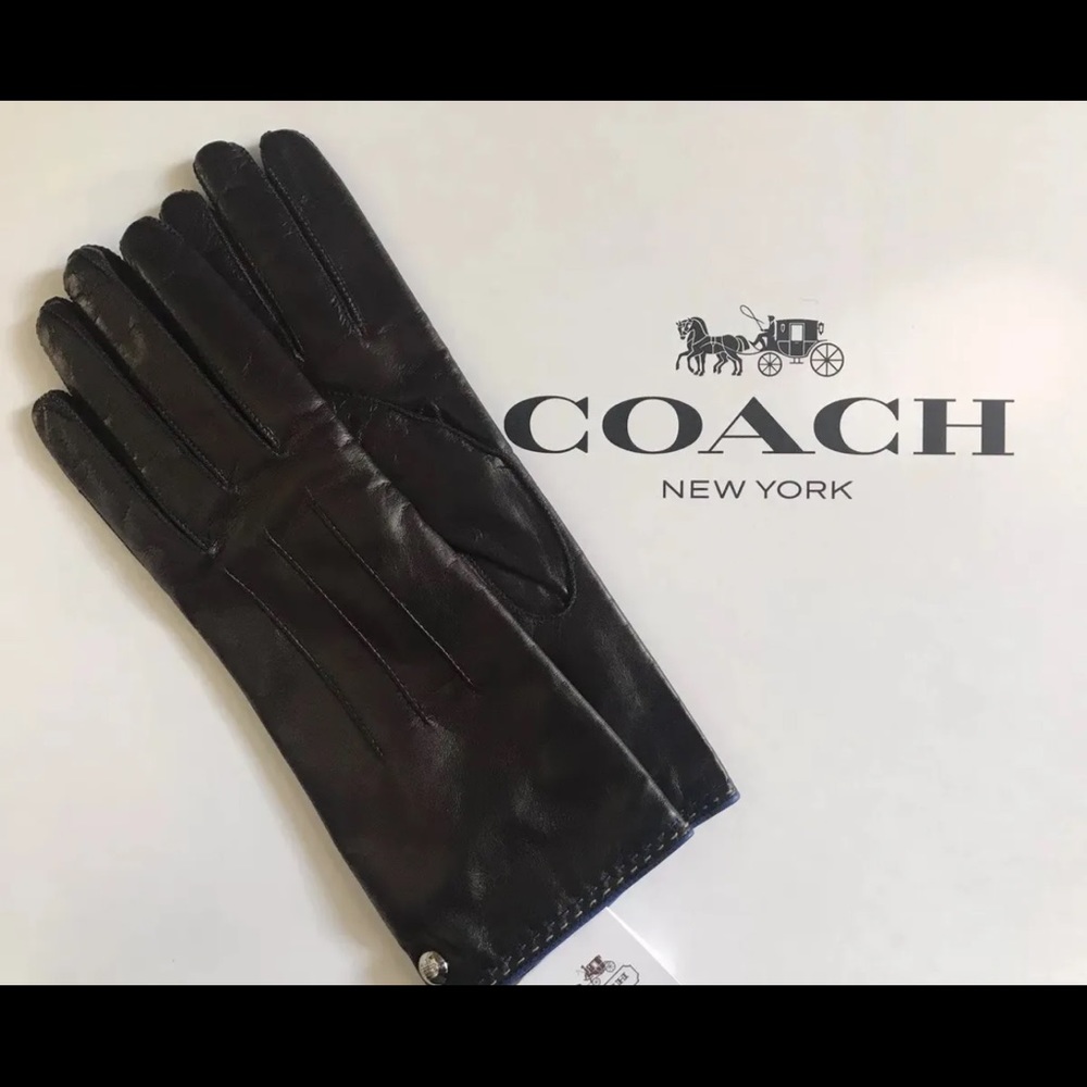 NWT Coach Women's Leather Glove With Blue Trim 82821 Black Size 7